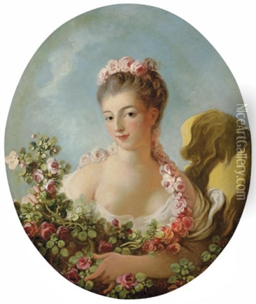 Young Woman With A Garland Of Roses (adeline Colombe?) Oil Painting - Jean-Honore Fragonard