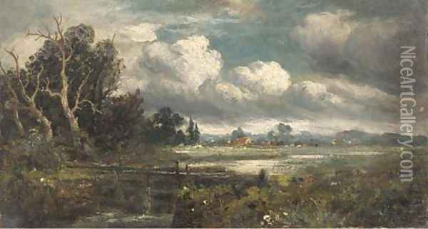 A lock before a riverside hamlet Oil Painting - John Constable