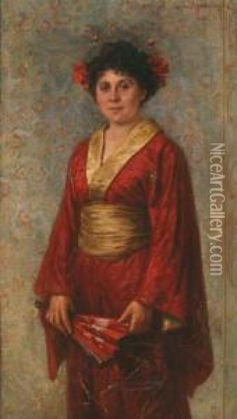 Young Lady In A Kimono Holding A Fan Oil Painting - Rosa Schweninger