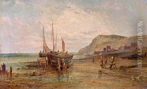 Beached Fishing Boats, Low Tide Oil Painting - Alfred Pollentine