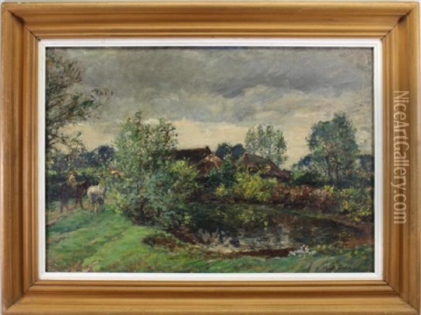 Painting Of A Farm Pond Oil Painting - Mark William Fisher