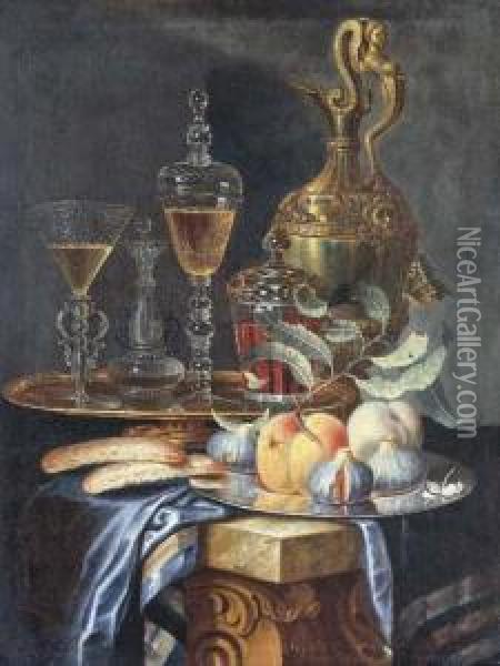 Peaches And Figs On A Pewter 
Platter, A Facon De Venise Fluted Wineglass And Vessel With A Bohemian 
Covered Goblet And Covered Beakeron A Gilt Platter, All Resting On A 
Partially Draped Stoneledge Oil Painting - Christian Berentz