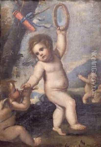 Cupid and other putti playing in a landscape Oil Painting - Pietro Liberi