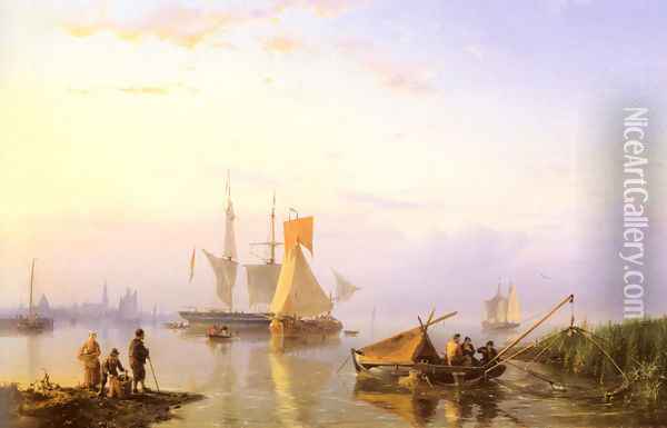 Shipping in a Calm, Amsterdam Oil Painting - Johannes Hermanus Koekkoek Snr
