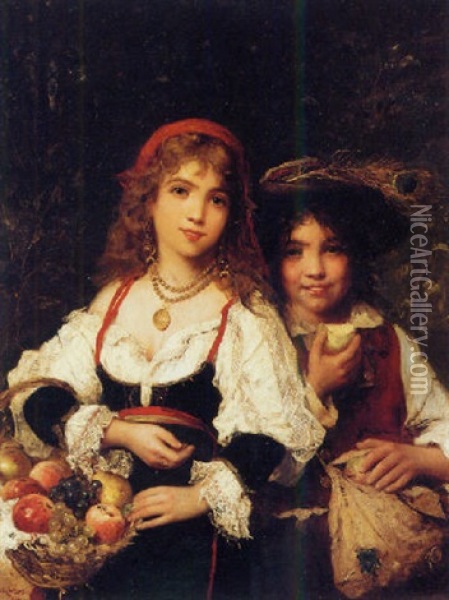 Two Children With Fruit Oil Painting - Lajos Bruck