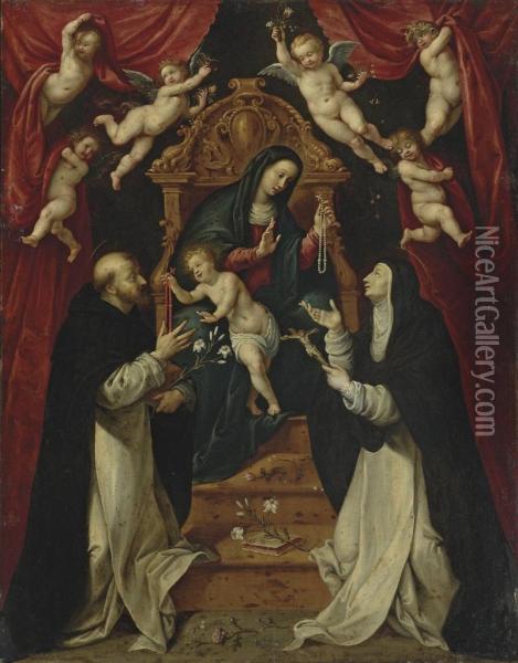 The Madonna And Child Enthroned With Saints Dominic And Catherine Of Siena And Angels Oil Painting - Marten Pepijn
