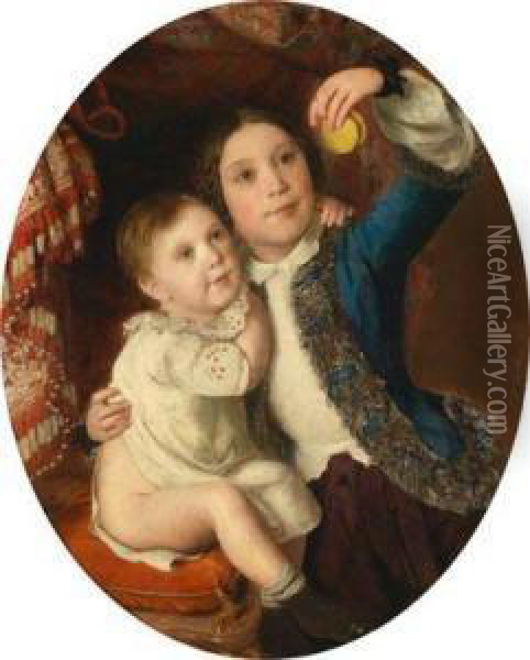 Zwei Kinder Beimdodospiel Oil Painting - Johann Baptist Reiter