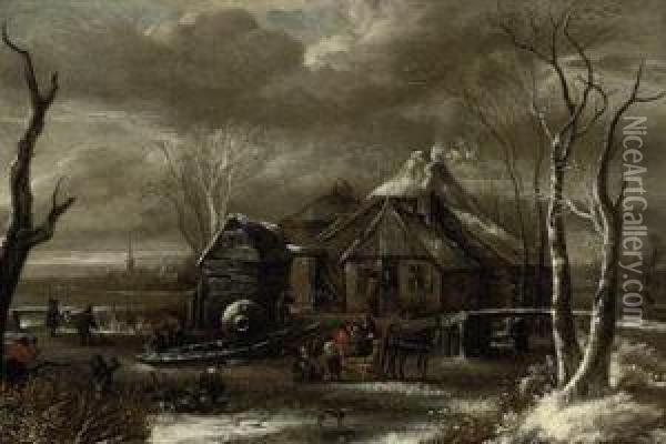 A Winter Landscape With Figures Chopping Wood And Sleighing On Afrozen River Near An Inn Oil Painting - Salomon Rombouts