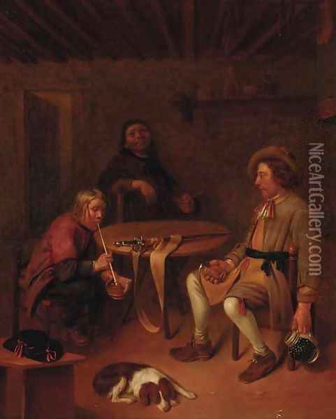 A soldier and companions smoking and drinking in an interior Oil Painting - Pieter Harmansz Verelst