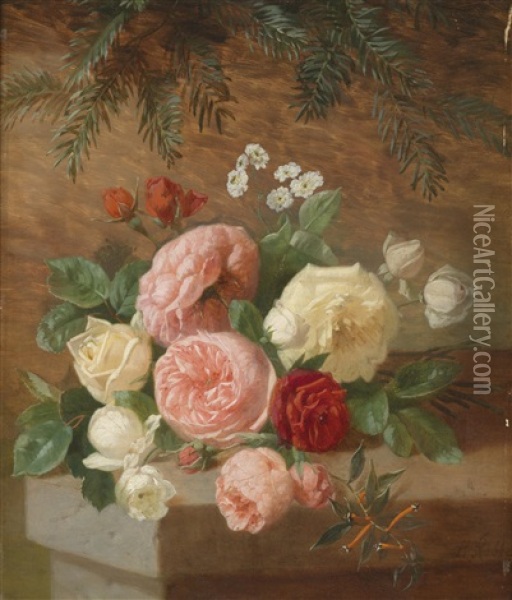 Rosen Auf Eine Steinmauer Oil Painting - Henri Robbe