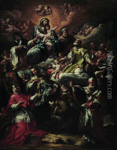Madonna Col Bambino In Gloria 
Fra I Santi Teresa D'avila E Giuseppe Adorati Dagli Angeli E Da Dieci 
Santi Oil Painting - Corrado Giaquinto