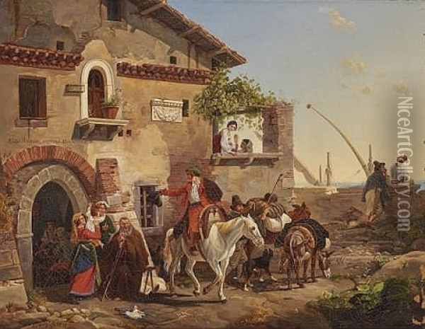 In Front Of An Italian Tavern Oil Painting - Carl (Karl) Wilhelm Goetzloff