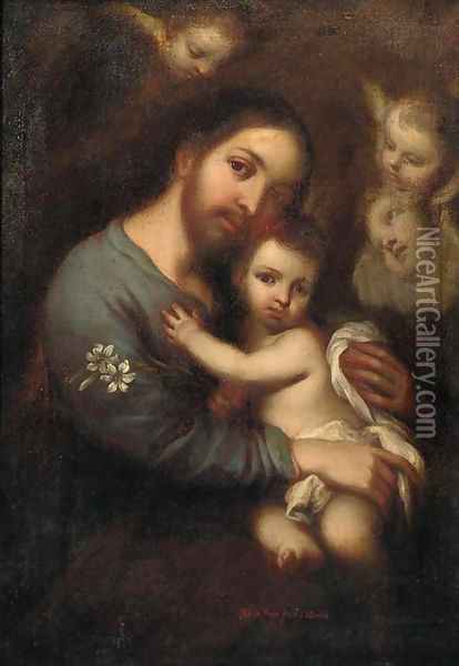 Saint Joseph carrying the Infant Christ Oil Painting - Jose De Paez