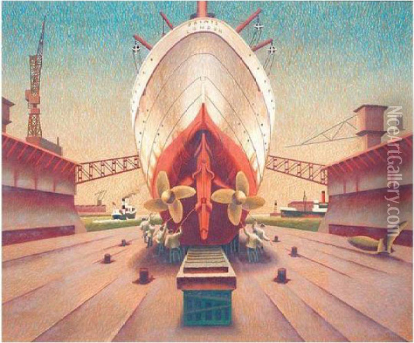 Ship In Dry Dock Oil Painting - Edward Wadsworth