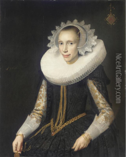 Portrait Of A Young Lady, Half Length, Wearing A Black Dress And An Elaborate Ruff And Headress Oil Painting - Jan Daemen Cool