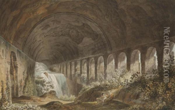 A Cascade In The Vault Beneath The Villa Of Maecenas At Tivoli Oil Painting - Abraham Louis R. Ducros