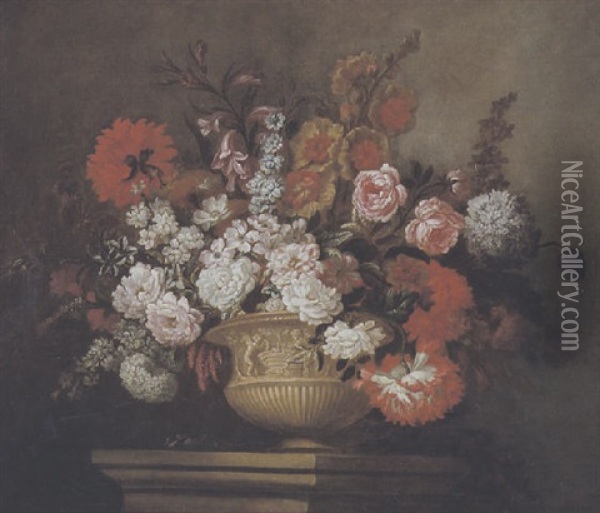 Blumenstrauss In Einer Figural Verzierten Tonvase Oil Painting - Pieter Casteels III