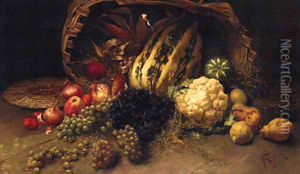 Grapes, Apples, Pears, Onions, Cauliflower And Marrows Beside An Upturned Basket On A Table Oil Painting - Franck Kirchbach