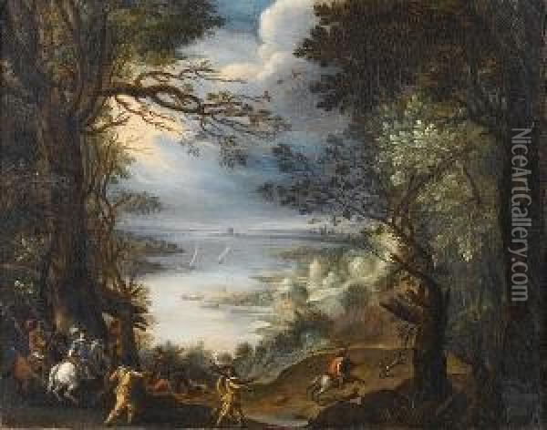 Noblemen Hunting Deer In A Wooded Landscape With An Estuary Beyond Oil Painting - Frederik van Valkenborch