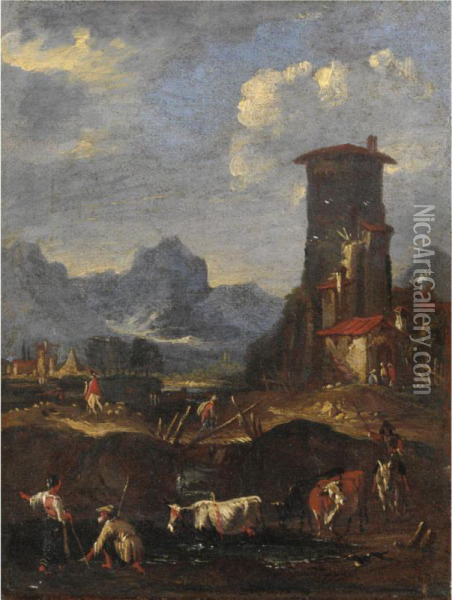 Paesaggio Con Contadini E Animali, Un Villaggio Sulla Destra Oil Painting - Ernesto, Monsu Daret