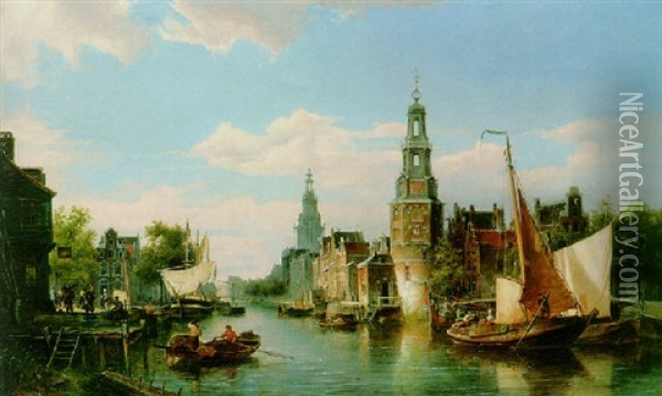 The Montelbaans Tower, Amsterdam Oil Painting - Pieter Cornelis Dommershuijzen