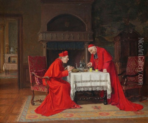 Deux Cardinaux Et Nid De Poussins Oil Painting - Victor Marais-Milton