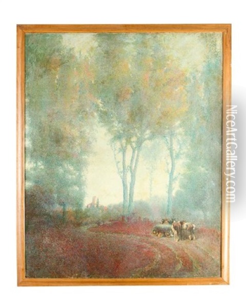 Pointillist Landscape With Horses And Farmer Oil Painting - Ivan Grohar