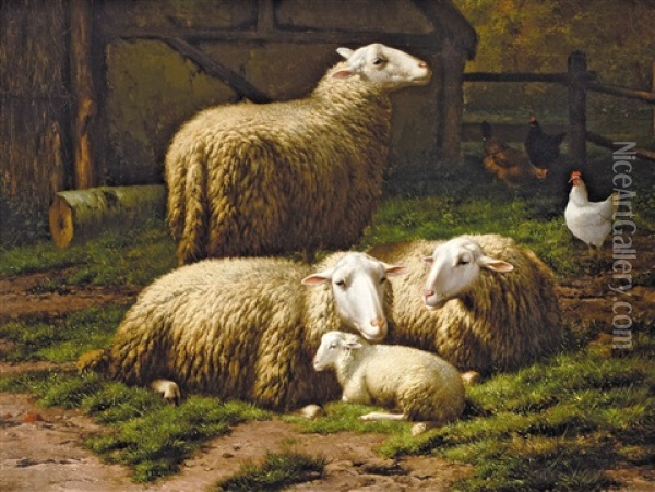 Moutons En Repos Pres D'un Etable Oil Painting - Eugene Remy Maes