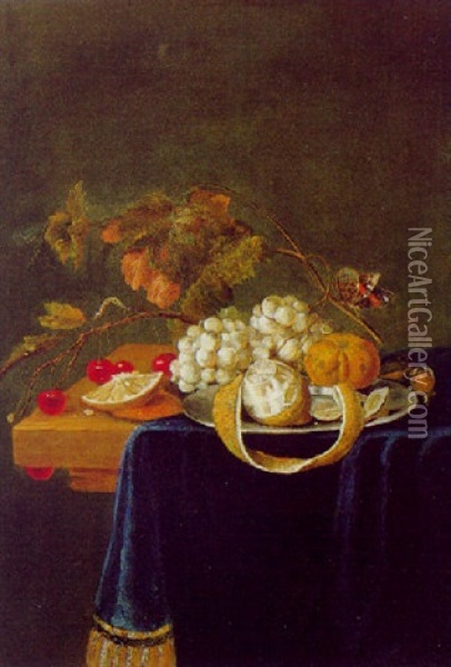 Stilleben Mit Weintrauben, Zitronen, Orange, Kirschen Und Haselnussen, Sowie Einem Schmetterling Oil Painting - Johann Baptist Halszel