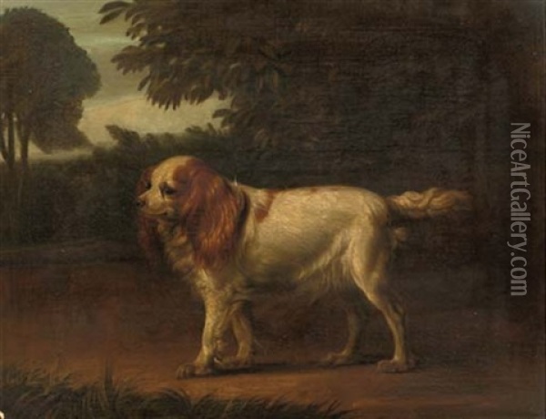 A Spaniel, Queen Charlotte's Dog (?), In A Landscape (+ Another; 2 Works) Oil Painting - Philipp Reinagle