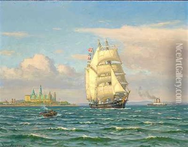 Sejlskib Og Damper I Sundet Ud For Kronborg Oil Painting - Vilhelm Karl Ferdinand Arnesen