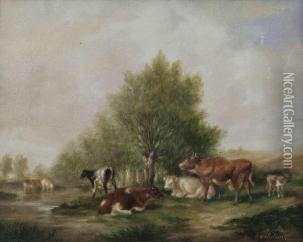 Koeien Bij De Rivier Oil Painting - Robert Delahaye