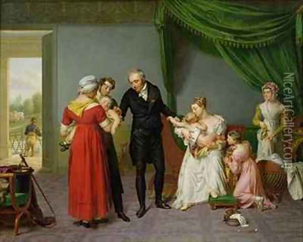 Baron Jean Louis Alibert 1768-1837 performing the vaccination against smallpox in the Chateau of Liancourt Oil Painting - Constant Joseph Desbordes