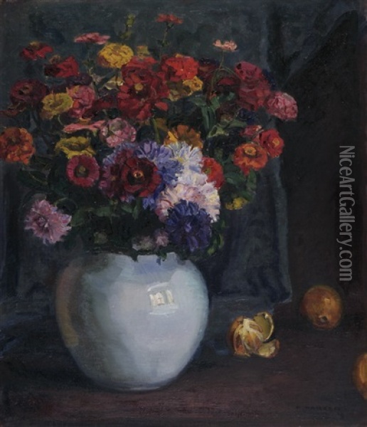 Blumenstrauss In Weisser Kugelvase Oil Painting - Alfred Marxer