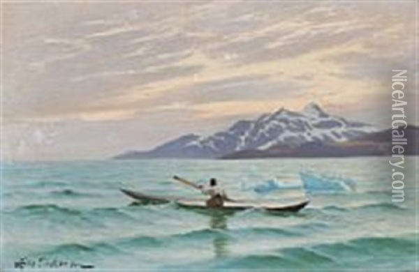 View From Greenland With A Man In A Kayak Oil Painting - Andreas Christian Riis Carstensen