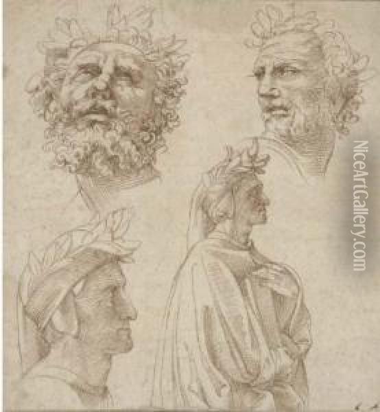 Four Classical Males Heads Oil Painting - Agostino Carracci
