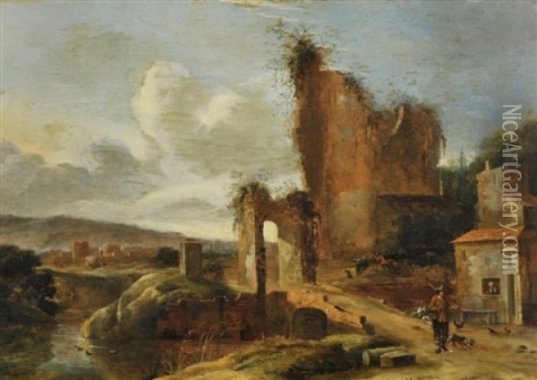 Le Retour Du Chasseur Devant Une Ruine Du Chateau Oil Painting - Charles Cornelisz de Hooch