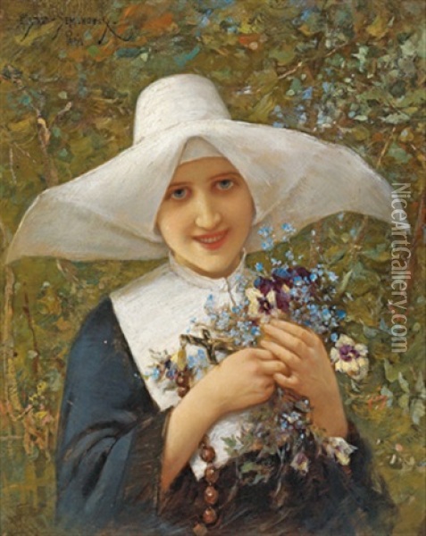 Junge Nonne Mit Wiesenblumen Oil Painting - Emile Eisman-Semenowsky