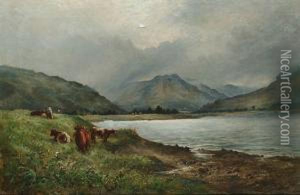 Cattle By A Lake Oil Painting - Chris Meadows