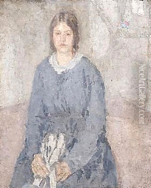 Young Woman Holding A Piece Of Sewing Oil Painting - Gwen John