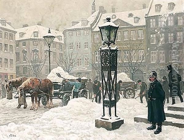 Snekastere Ud For Domhuset Pa Nytorv (A Snow Shower Outside Domhuset, Copenhagen) Oil Painting - Paul-Gustave Fischer