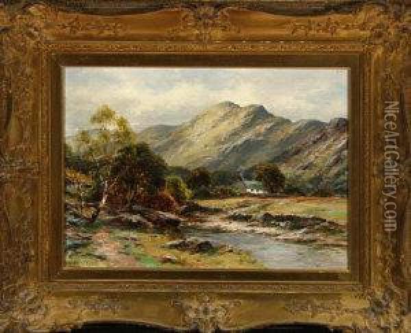 A Lakeland Landscape With Stream And Cottage Oil Painting - Harry James Sticks
