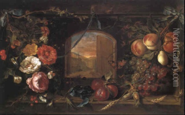 Blick Auf Landschaft Durch Ein Mit Blumen- Und              Fruechtegirlanden Geschmuecktes Fenster Oil Painting - Abraham Mignon