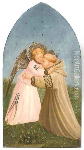 A Franciscan monk embracing an angel Oil Painting - Fra Angelico (Guido di Pietro)