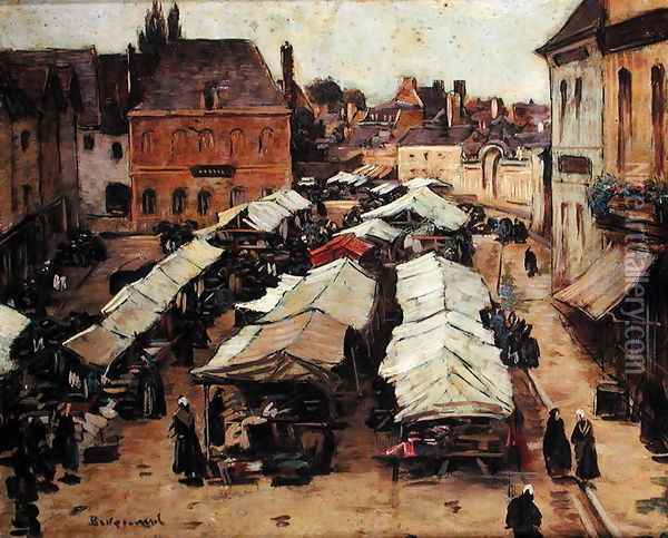 The Market Place at Abbeville Oil Painting - Louis Braquaval