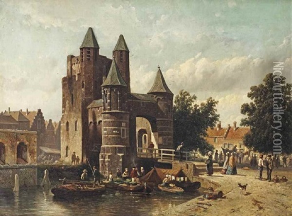 A Capriccio View Of The Amsterdamse Poort, Haarlem Oil Painting - Adrianus Eversen