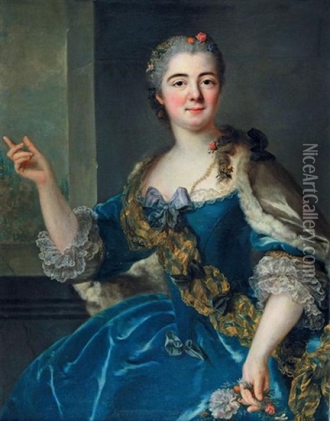 Portrait De Jeune Femme En Robe Bleue Tenant Une Couronne De Fleurs Oil Painting - Marianne Loir