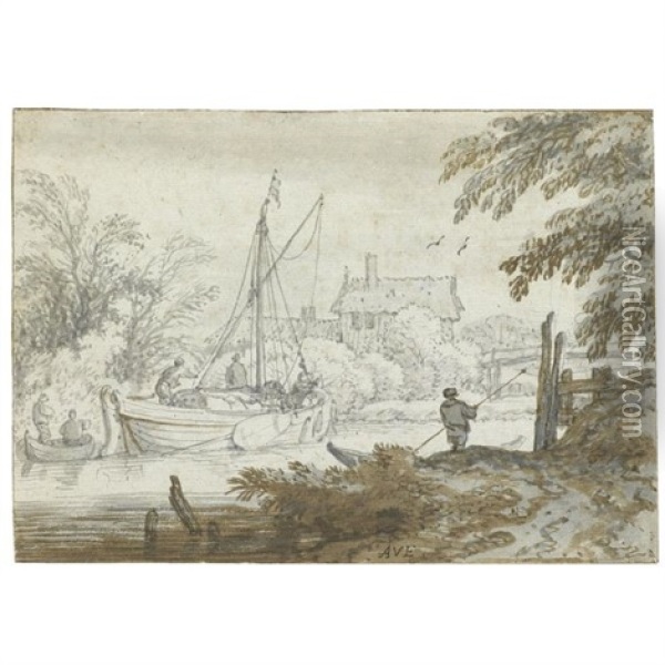 River Scene With A Masted Boat Unloading Its Goods And A Figure Punting In The Foreground Oil Painting - Allaert van Everdingen