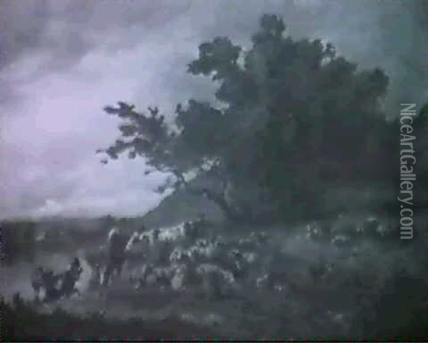 Herde An Der Tranke Oil Painting - Charles (Jean-Ch. Ferdinand) Humbert