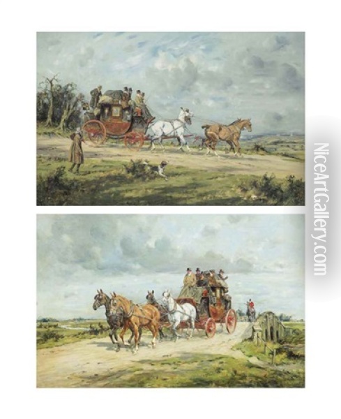 The London And Portsmouth Coach Near Guildford, Surrey; And The London And Exeter Coach Oil Painting - George Wright